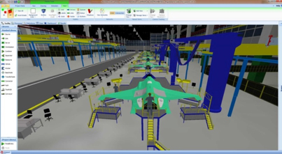 Lockheed Martin F-35 Joint Strike Fighter final assembly line modeled in Simio.