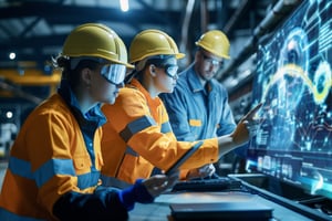 Drei Ingenieure arbeiten an einem digitalen Zwilling