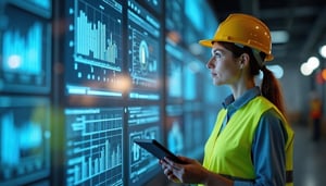 Engenheira analisando gráficos de gêmeos digitais