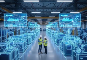 Dois gerentes de produção em uma mesa no chão de fábrica, com uma sobreposição do gêmeo digital
